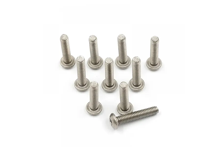 A set of ten silver-coloured titanium button head screws arranged on a white background.