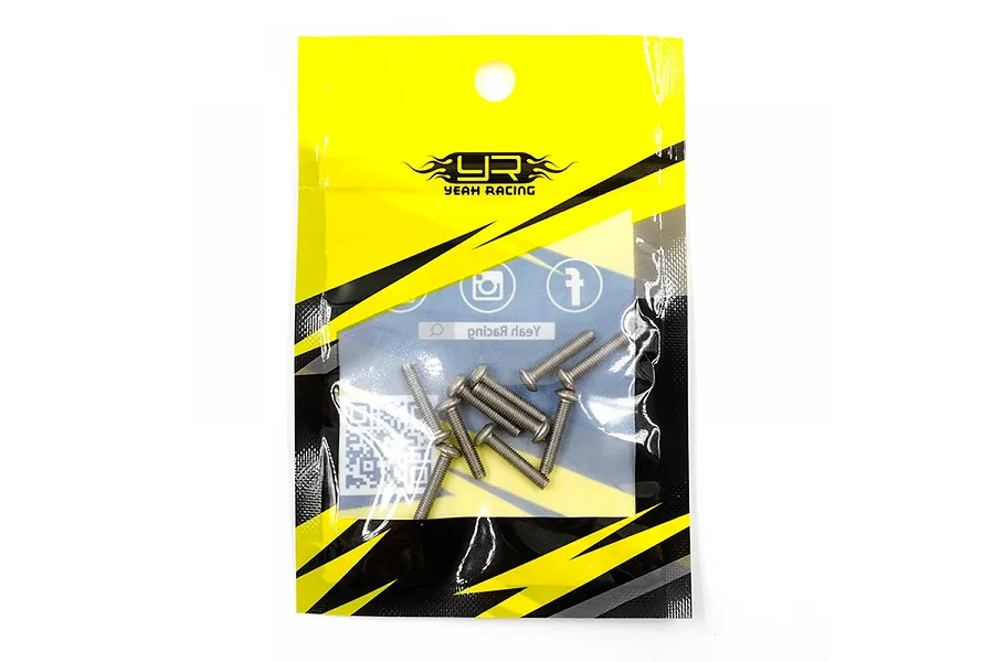 A pack of ten Yeah Racing titanium button head screws in a yellow and black branded plastic bag.