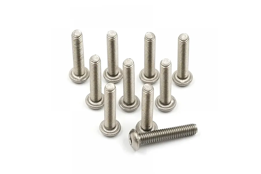 A set of ten silver-coloured titanium button head screws with fine threading, arranged in a group on a white background.