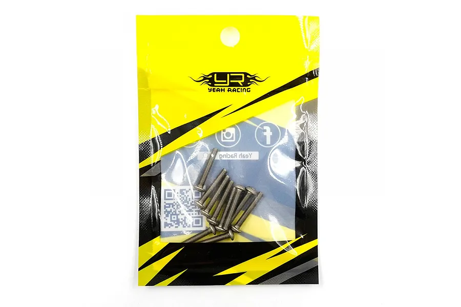A pack of ten Yeah Racing titanium button head screws in a yellow and black branded plastic bag.
