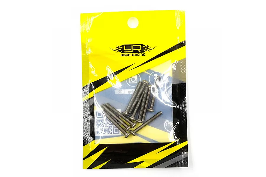 A pack of Yeah Racing titanium button head screws in a yellow and black branded plastic bag.