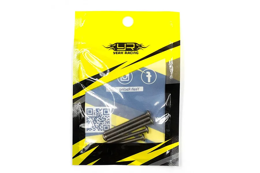 A pack of five Yeah Racing titanium button head screws in a yellow and black branded plastic bag.