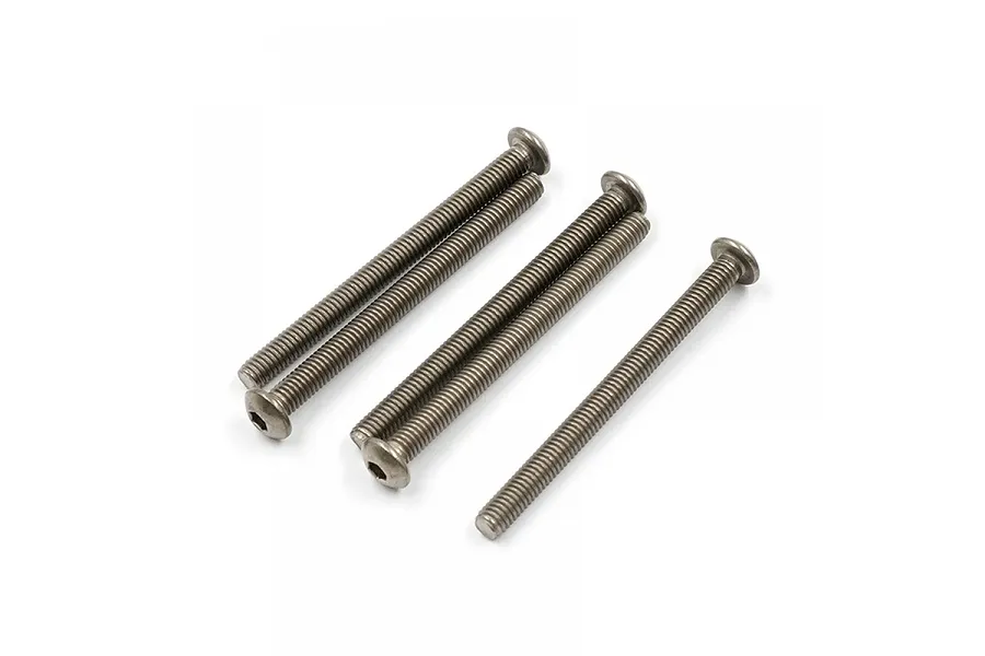 Five silver-coloured titanium button head screws arranged diagonally on a white background.