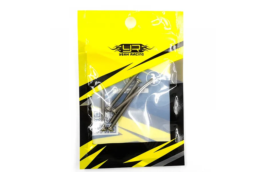 A pack of five Yeah Racing titanium button head screws in a yellow and black branded plastic bag.