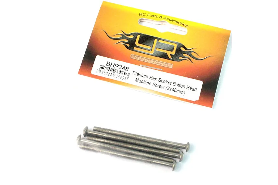 Five Yeah Racing titanium 3x48mm button head machine screws shown in front of their branded packaging.
