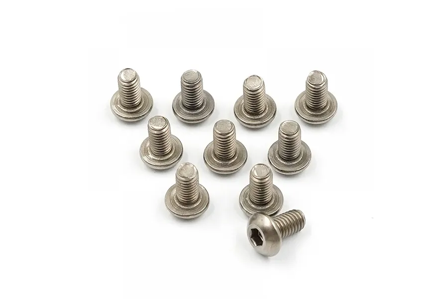 A collection of ten silver-coloured titanium button head screws arranged on a white background.