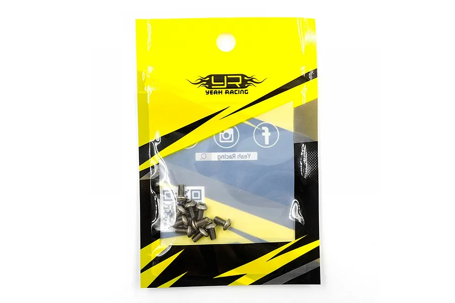 A pack of ten Yeah Racing titanium 3x6mm button head screws in a yellow and black branded plastic bag.