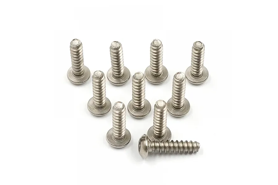 A collection of ten silver-coloured metal button head screws with coarse threads arranged on a white background.