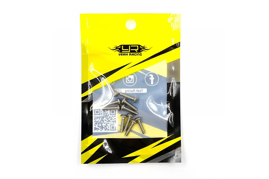 A pack of ten Yeah Racing titanium 3x12mm coarse thread button head screws in a yellow and black branded plastic bag.