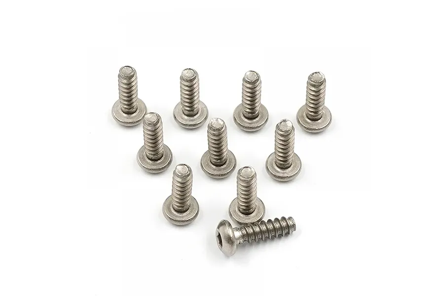 A set of ten silver-colored titanium button head screws with coarse threads arranged on a white background.