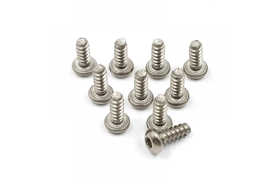 A set of ten silver-coloured titanium button head screws with coarse threads, arranged on a white background.