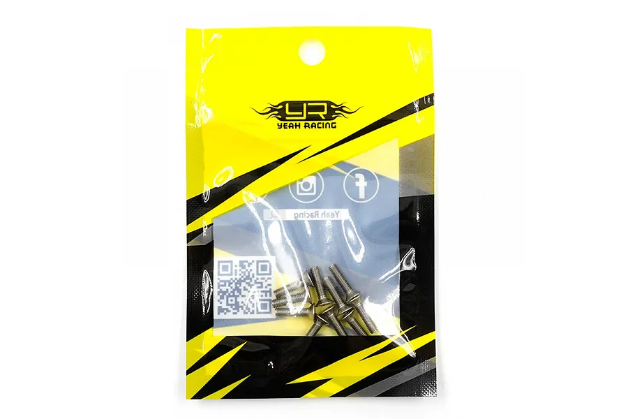 A pack of Yeah Racing 3x12mm titanium countersunk screws in a yellow and black branded plastic bag.