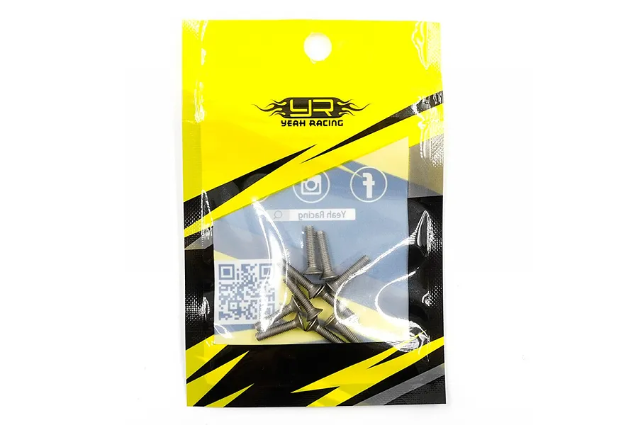 A pack of Yeah Racing titanium countersunk screws in a yellow and black branded plastic bag.