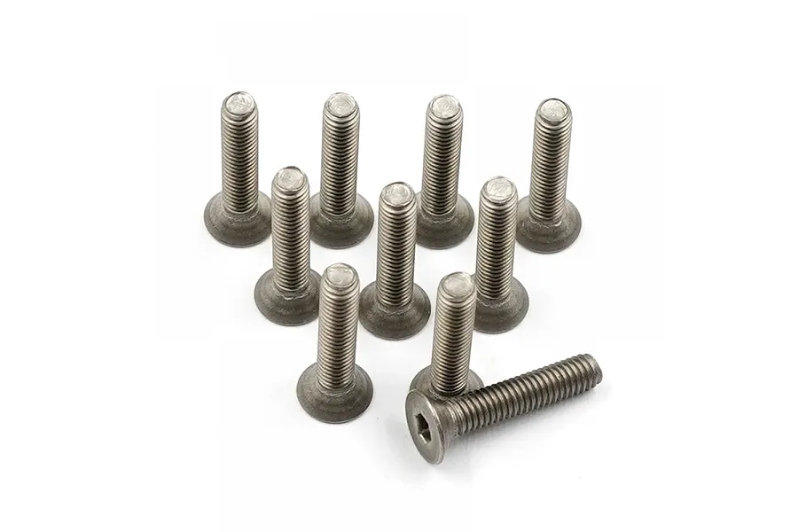 A collection of ten titanium countersunk head screws with hex sockets, arranged on a plain white background.
