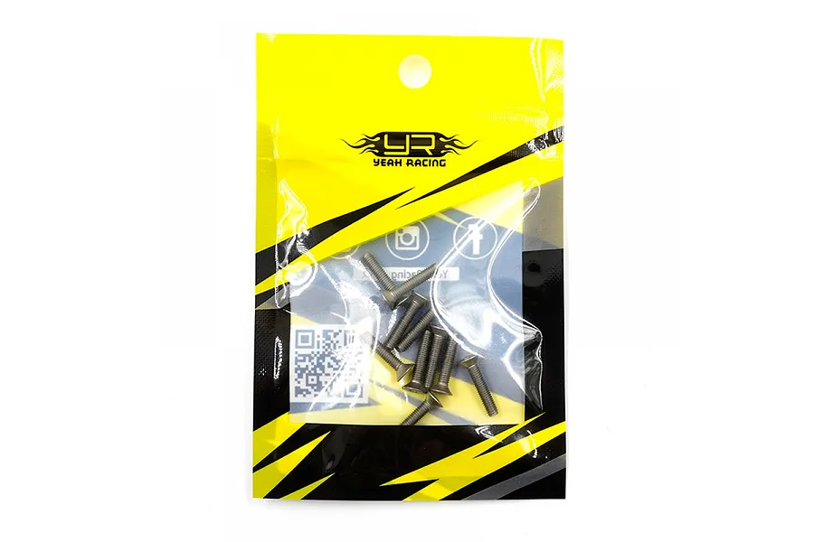 A pack of 10 Yeah Racing titanium countersunk screws in a yellow and black branded plastic bag.