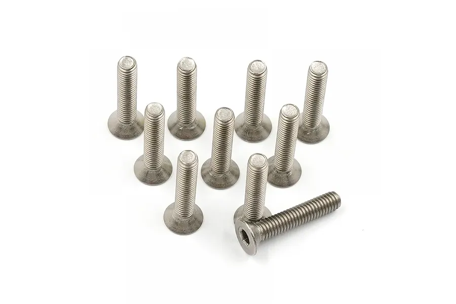 A set of ten silver-coloured titanium countersunk head screws arranged on a white background.