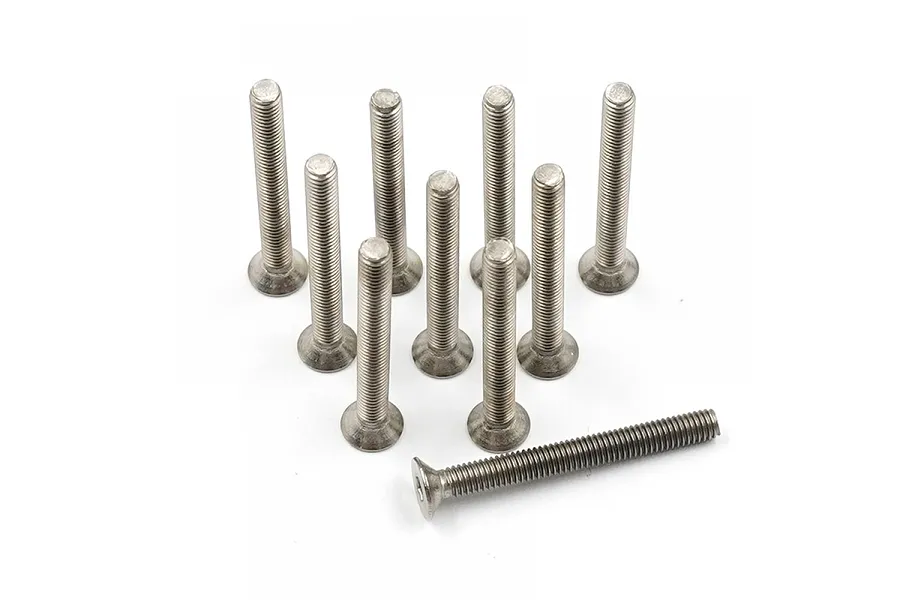 Ten silver-coloured titanium countersunk head screws arranged in a group on a white background.