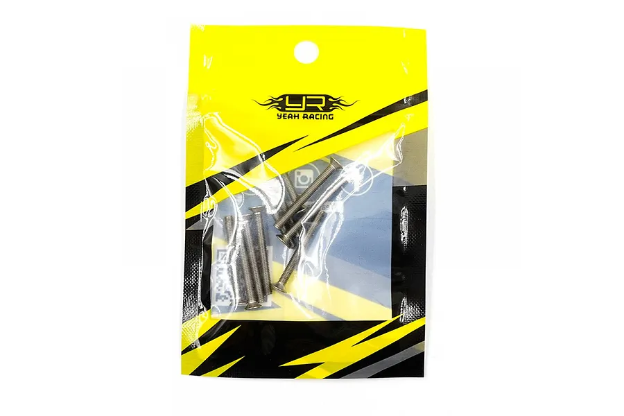 A pack of ten Yeah Racing titanium 3x28mm fine thread countersunk head screws in a yellow and black branded plastic bag.