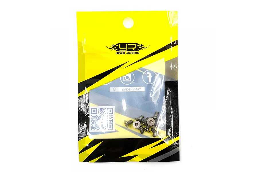 A pack of Yeah Racing titanium countersunk screws in a yellow and black branded plastic bag.