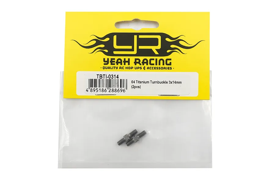 Two Yeah Racing 64 Titanium 3x14mm turnbuckles in their original yellow and white retail packaging.