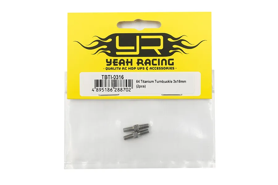 Two Yeah Racing 64 Titanium 3x16mm turnbuckles in their original yellow and white branded retail packaging.