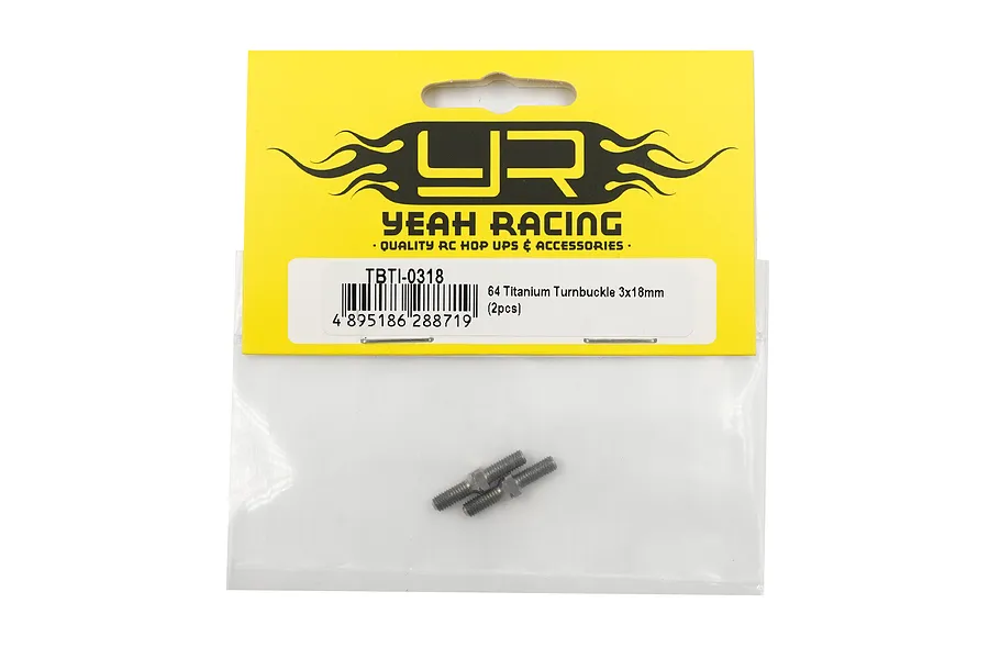 Two Yeah Racing 64 Titanium 3x18mm turnbuckles in their original yellow and black retail packaging.