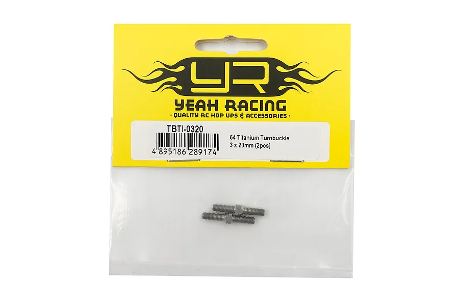 Yeah Racing 64 Titanium 3x20mm turnbuckles in original yellow and white retail packaging.