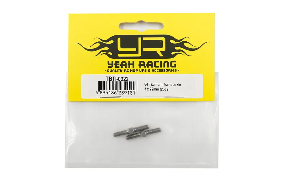 Two Yeah Racing 64 Titanium 3x22mm turnbuckles in their original yellow and clear plastic retail packaging.
