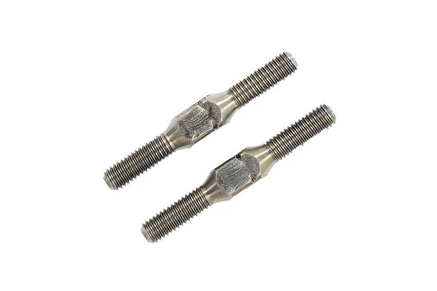 Two silver-coloured metal turnbuckles with threaded ends and a central hexagonal adjustment section, isolated on a white background.