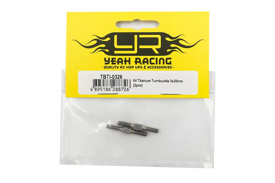 Two Yeah Racing 64 Titanium 3x26mm turnbuckles in a clear plastic bag with a yellow branded header card.