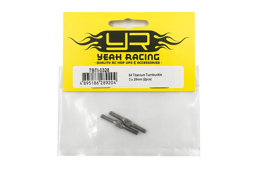 Yeah Racing 64 Titanium 3x28mm turnbuckles in original yellow and white retail packaging.