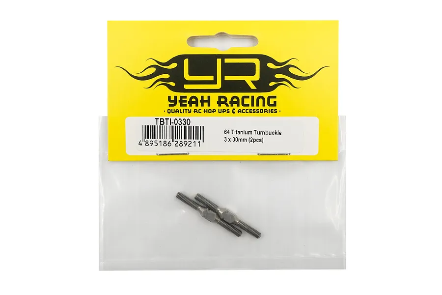 Two 3x30mm titanium turnbuckles from Yeah Racing in their original yellow and white retail packaging.