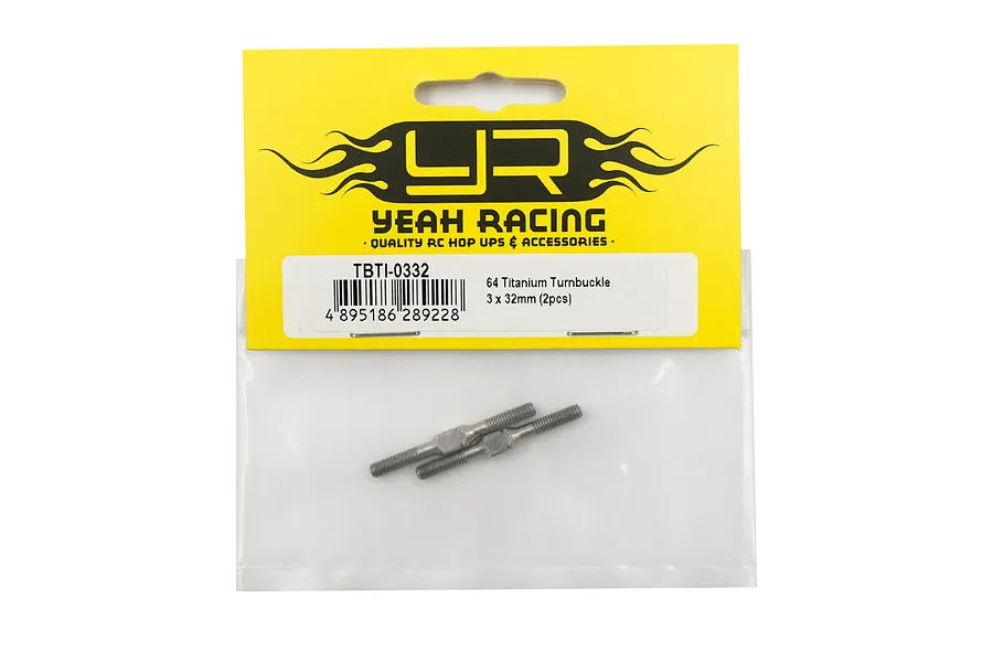 Two Yeah Racing 64 Titanium 3x32mm turnbuckles in their original yellow and black retail packaging.