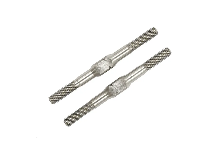 Two silver-coloured metal RC turnbuckles with threaded ends and a central adjustment section, isolated on a white background.