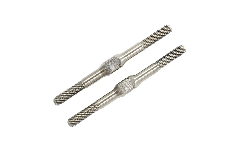 Two silver-coloured metal RC turnbuckles with threaded ends and a central flat section for adjustment, isolated on a white background.