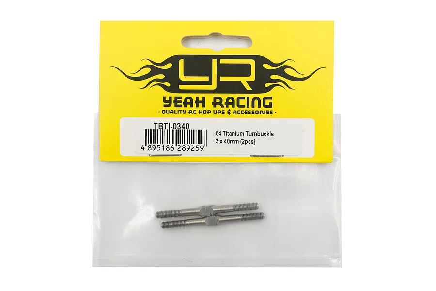 Two Yeah Racing 64 Titanium 3x40mm turnbuckles in their original yellow and white retail packaging.