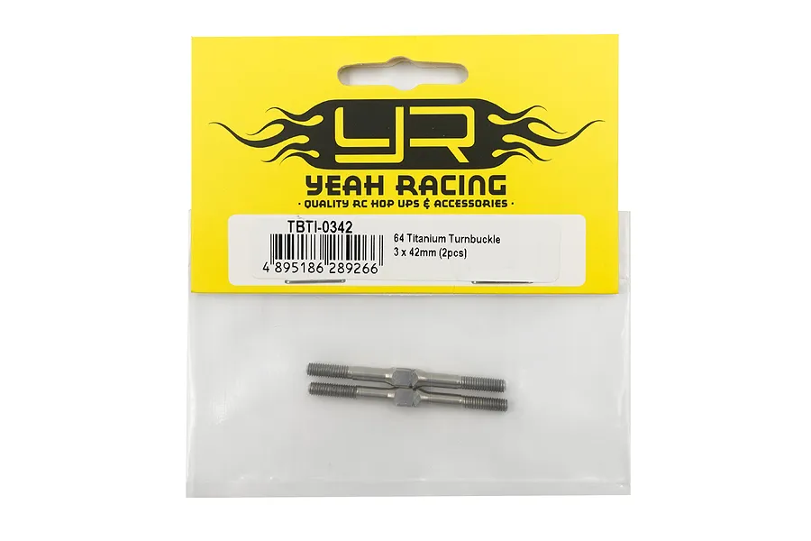 Two Yeah Racing 64 Titanium 3x42mm turnbuckles in their original yellow and clear plastic retail packaging.