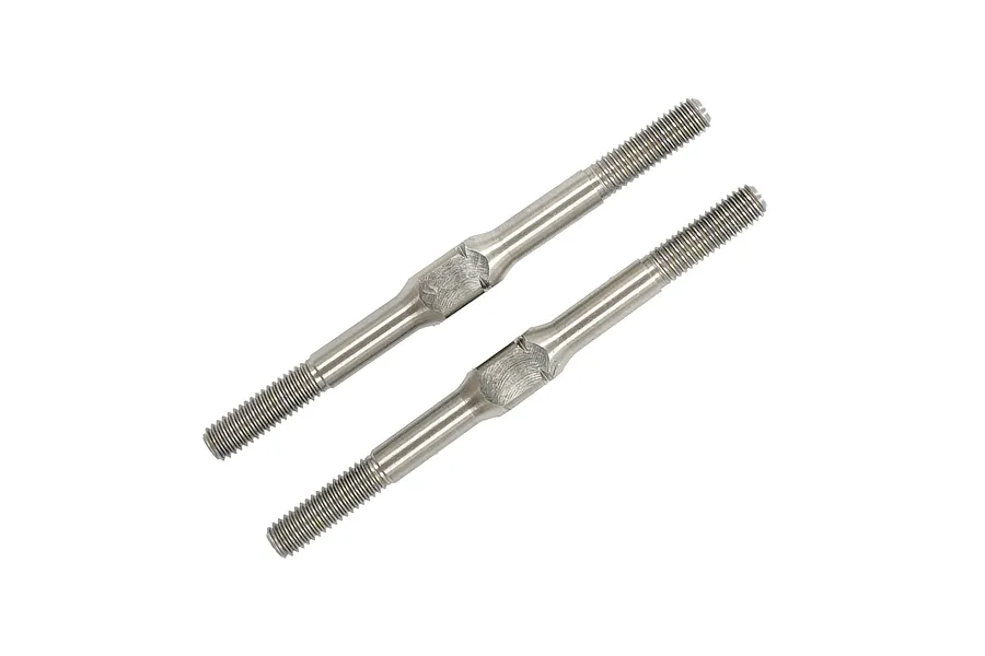 Two silver-coloured metal RC turnbuckles with threaded ends and a central adjustment section, isolated on a white background.