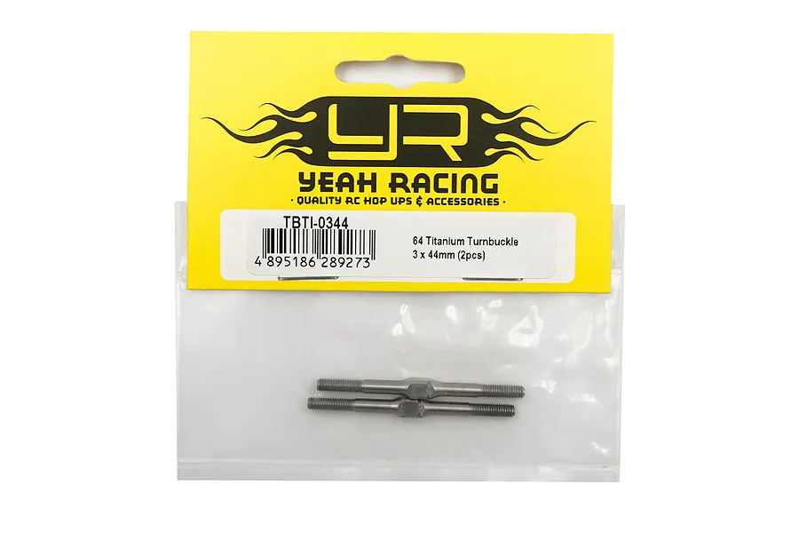 Yeah Racing 64 Titanium 3x44mm turnbuckles in original yellow and black retail packaging.
