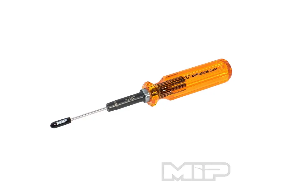 MIP 1/16 inch G2 hex driver with an orange translucent handle and a black tip cover, isolated on a white background.