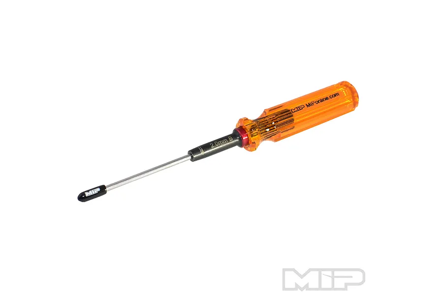MIP 2.0mm G2 ball hex driver with a translucent orange handle and a black metal shaft, isolated on a white background.