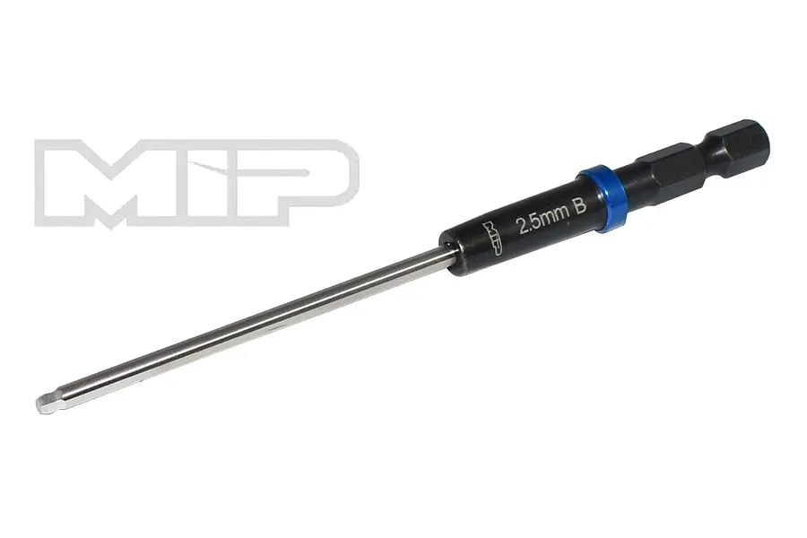 MIP 2.5mm G2 ball speed tip hex driver bit with a black shaft, blue anodized ring, and silver tip against a white background.