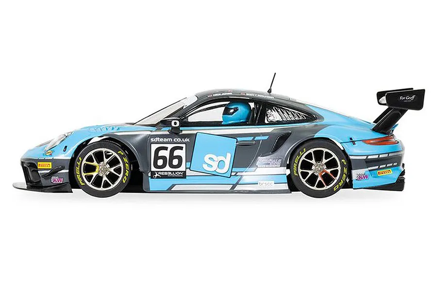 Side view of a Scalextric 1/32 scale Porsche 911 GT3 R slot car in light blue and grey livery with number 66.
