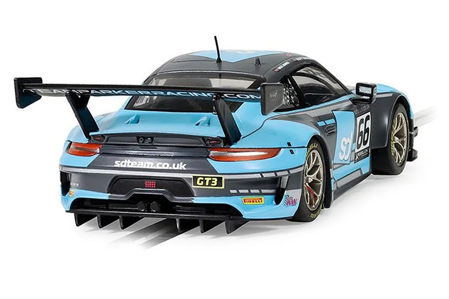 Rear three-quarter view of a Scalextric 1/32 scale Porsche 911 GT3 R slot car in Team Parker Racing livery, featuring light blue and grey paint.