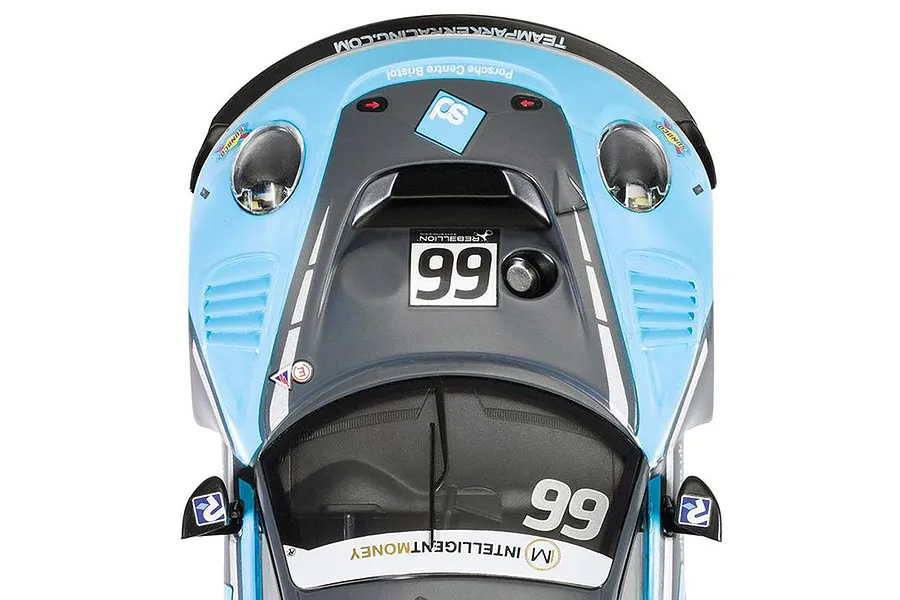 Top-down view of a Scalextric 1/32 scale Porsche 911 GT3 R slot car in light blue and grey livery with number 66.