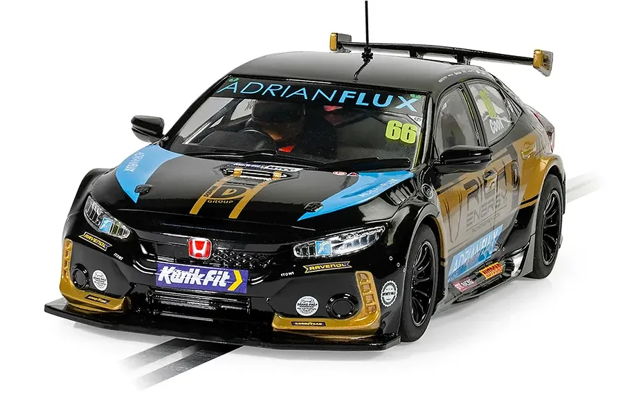 A 1/32 scale Scalextric Honda Civic FK8 Type R BTCC slot car in black, gold, and blue livery, featuring number 66 and sponsor decals.