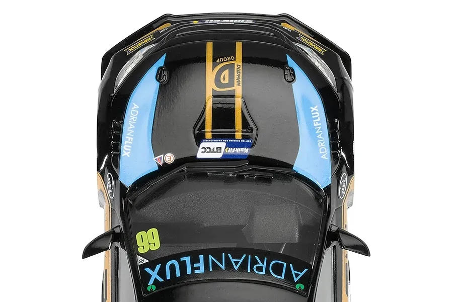 Top-down view of a black Scalextric Honda Civic FK8 Type R slot car with blue and gold racing livery and sponsor decals.