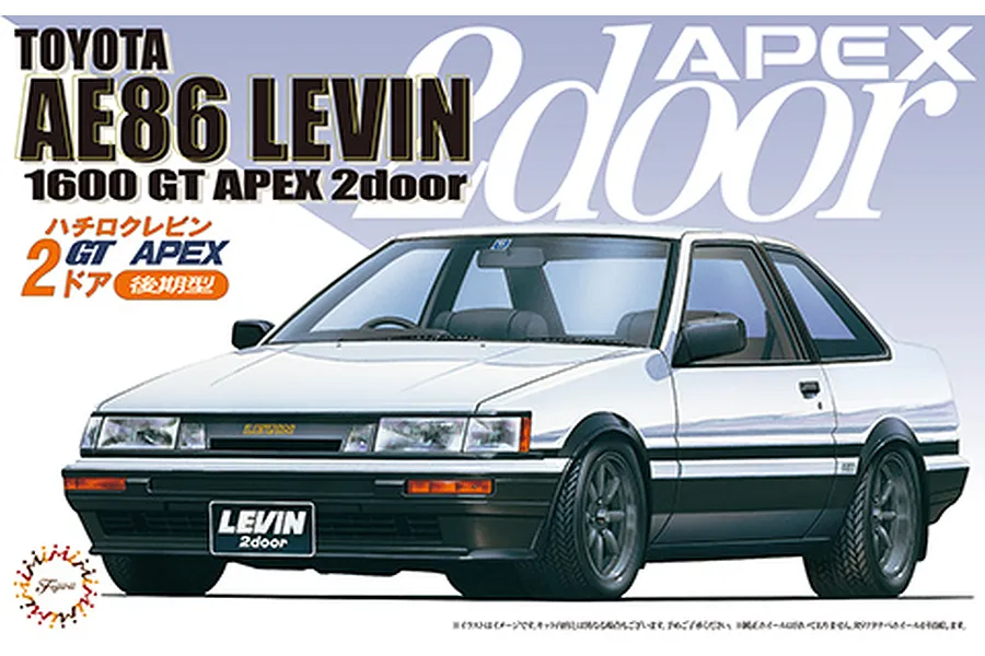 Box art for a Fujimi 1/24 scale Toyota AE86 Levin 2-door model kit featuring a white and black car illustration.