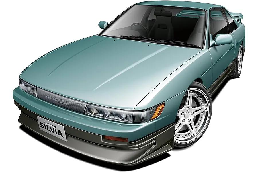 An illustration of a light blue Nissan Silvia S13 coupe with a custom front bumper and aftermarket wheels.