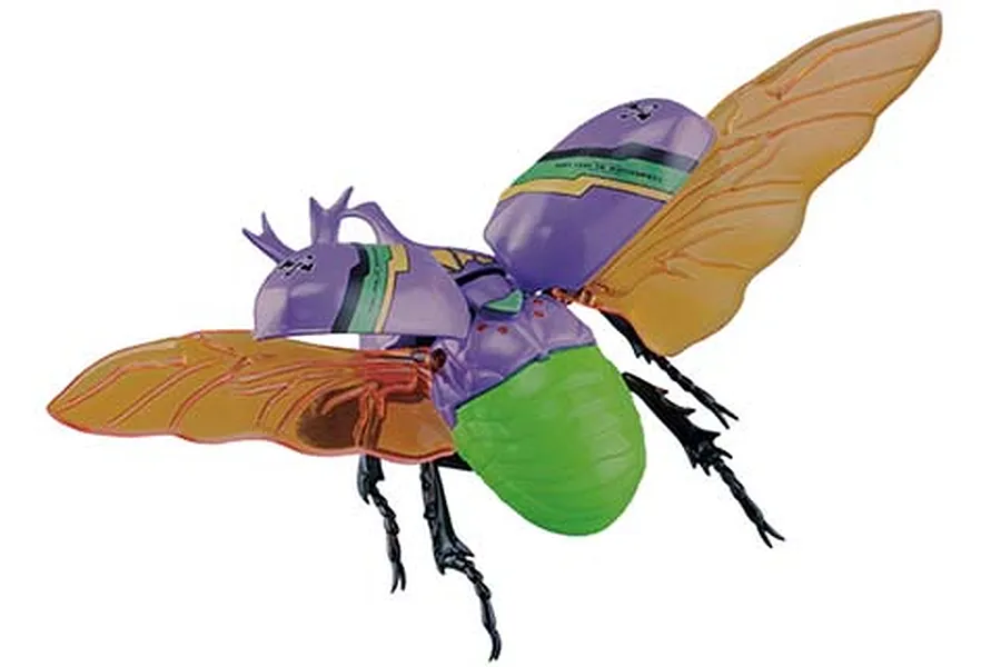 A plastic model of a rhinoceros beetle styled with Evangelion Unit-01 purple, green, and orange color scheme, shown in flight.